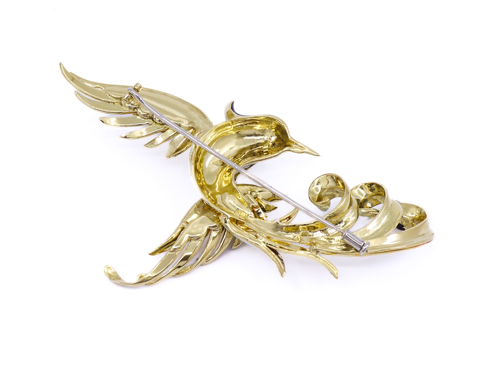 Spilla uccello in oro giallo 18kt. smaltato di gr. 32,8 con brillanti