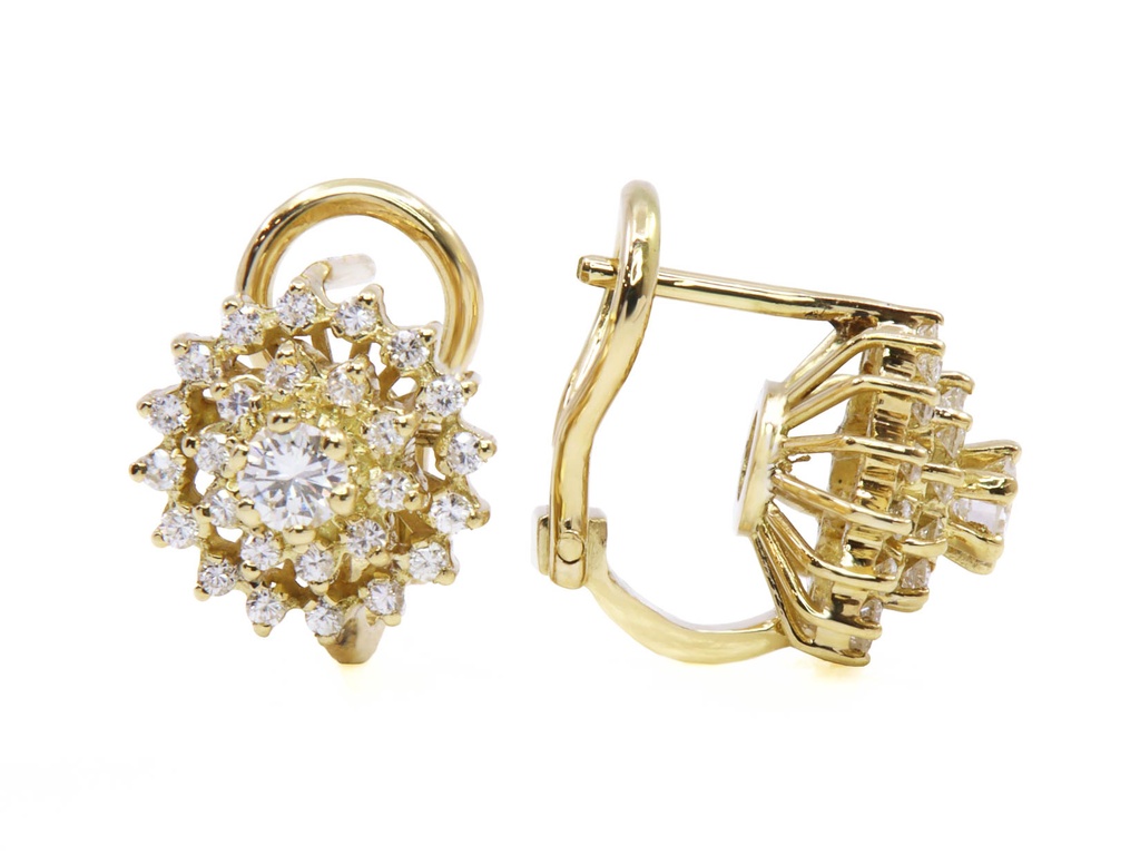 ORECCHINI ORO GIALLO 18KT CON COPPIA BRILLANTI  CIRCA 0,20 CT. CAD.  E CONTORNO PICCOLI BRILLANTI gr. 5,9