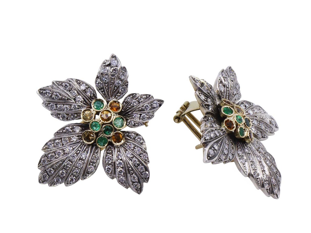 Orecchini Argento misto oro 18kt con diamanti e pietre colorate, gr. 25,8 ad euro 41,47 grammo