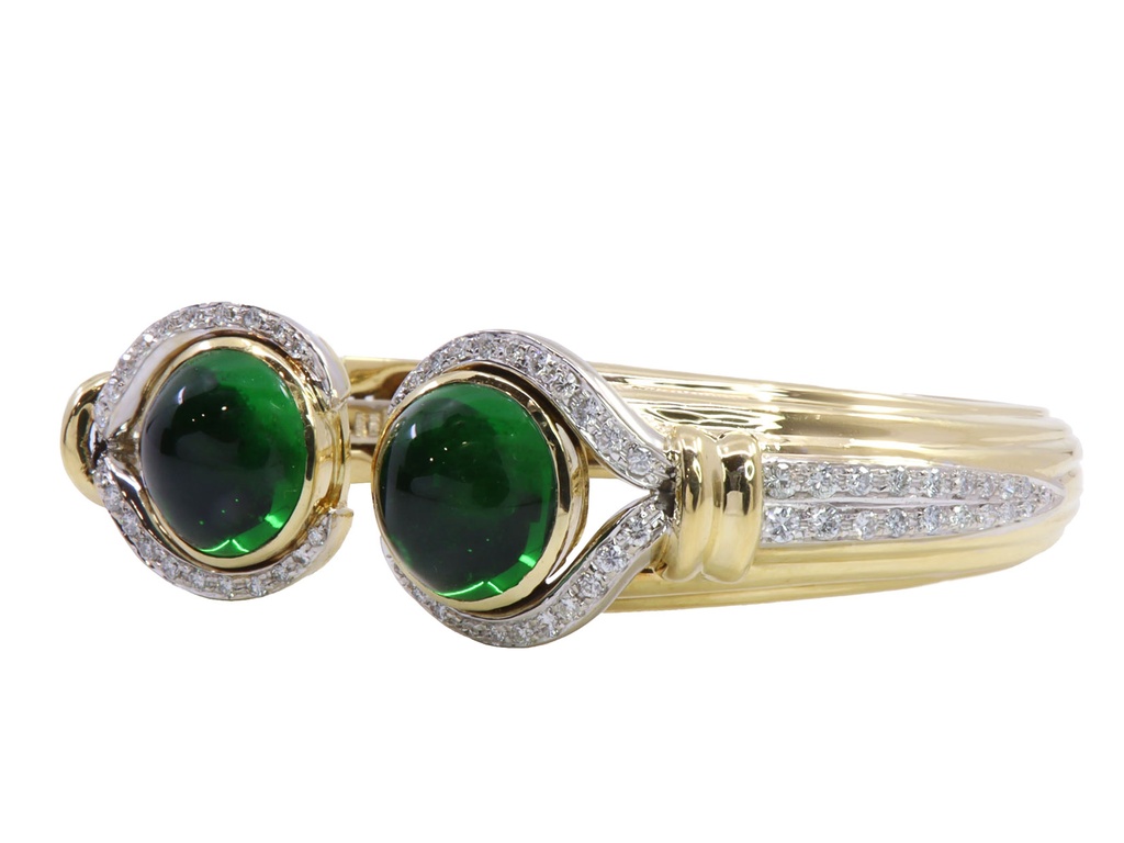Bracciale rigido - Brillanti e pietre verdi, oro18kt. peso totale 58,5gr