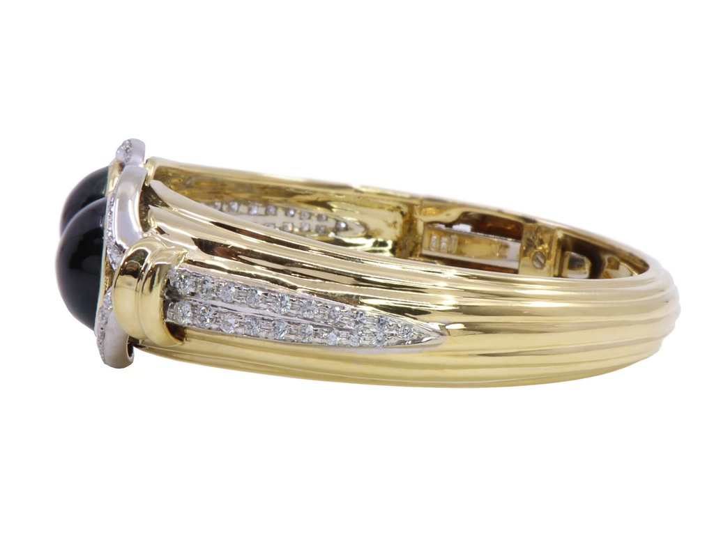 Bracciale rigido - Brillanti e pietre verdi, oro18kt. peso totale 58,5gr