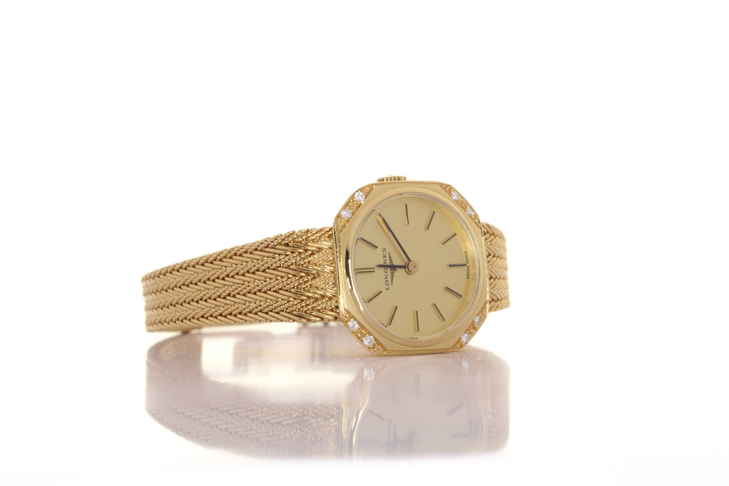 Longines Lady Octagon Diamonds, 18kt Yellow Gold, Factory Bracelet (16 cm), Total Weight 34g, Our Box & Papers