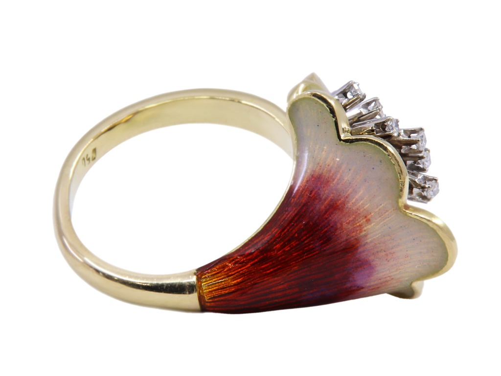 Anello oro 18kt con smalti a forma di giglio piccoli diamanti tot. gr. 13,2