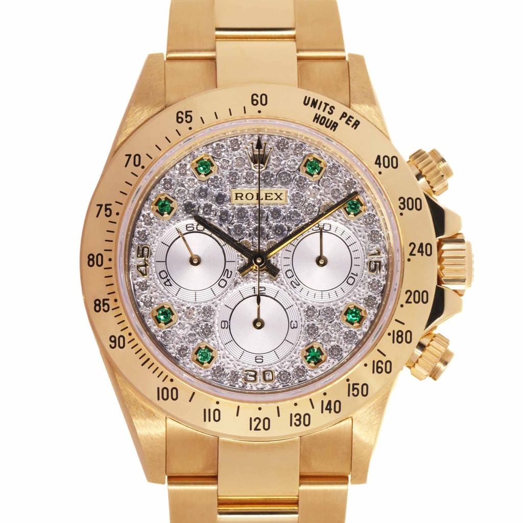Rolex Daytona ref:16528 - 18kt Yellow, Full Pavè XL 8 emerald (Rolex), Rolex Box & Papers (1997), Official Service exp. 01/2026