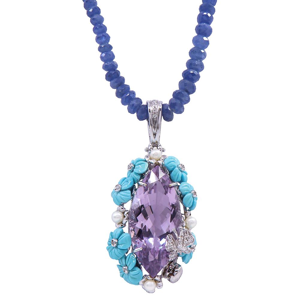 Collana in radice di zaffiro con pendente con ametista: oro bianco 18kt, turchese, perle e brillanti