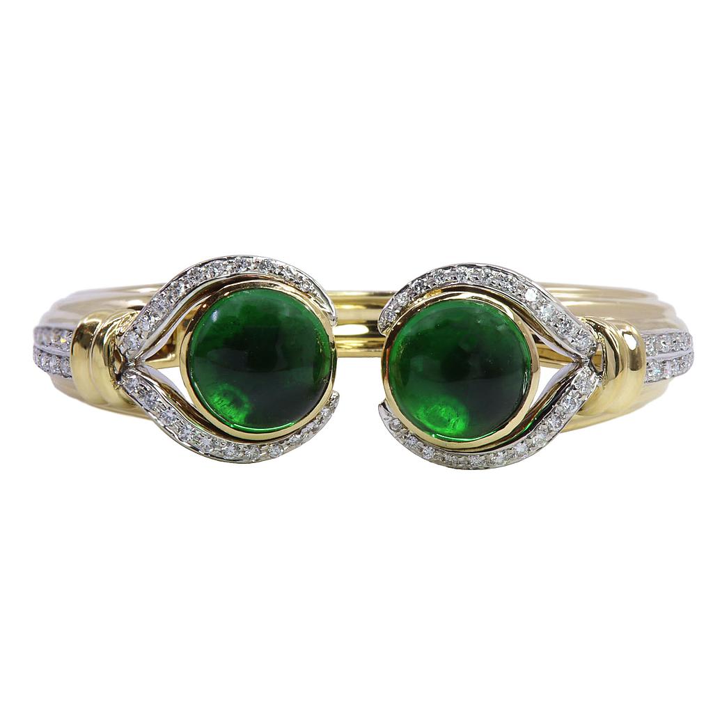 Bracciale rigido - Brillanti e pietre verdi, oro18kt. peso totale 58,5gr