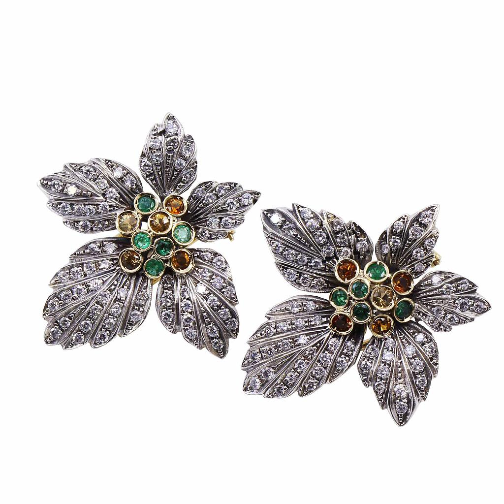 Orecchini fiore stile antico - Argento e oro 14kt. con brillanti, peso totale 25,8 gr