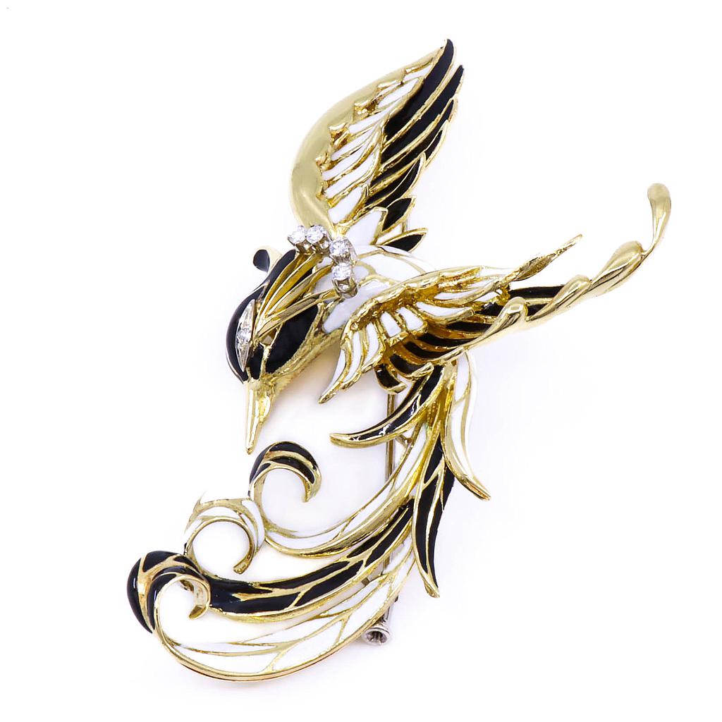 Spilla uccello - Oro smaltato18kt. 32,8gr. brillanti
