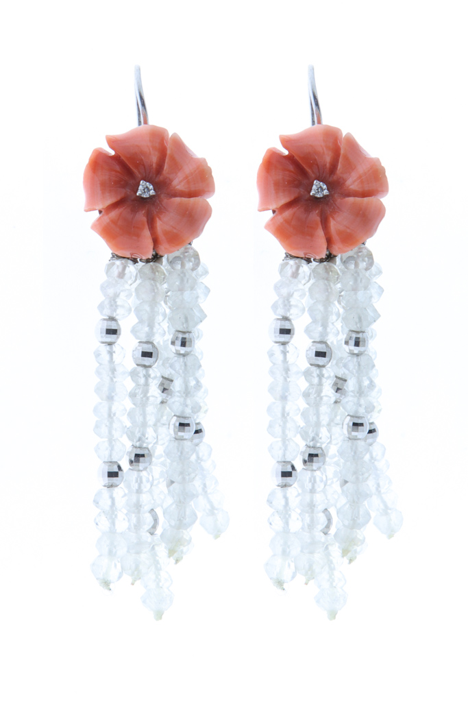 Orecchini - Brillanti, corallo e pietra di luna, oro 18kt