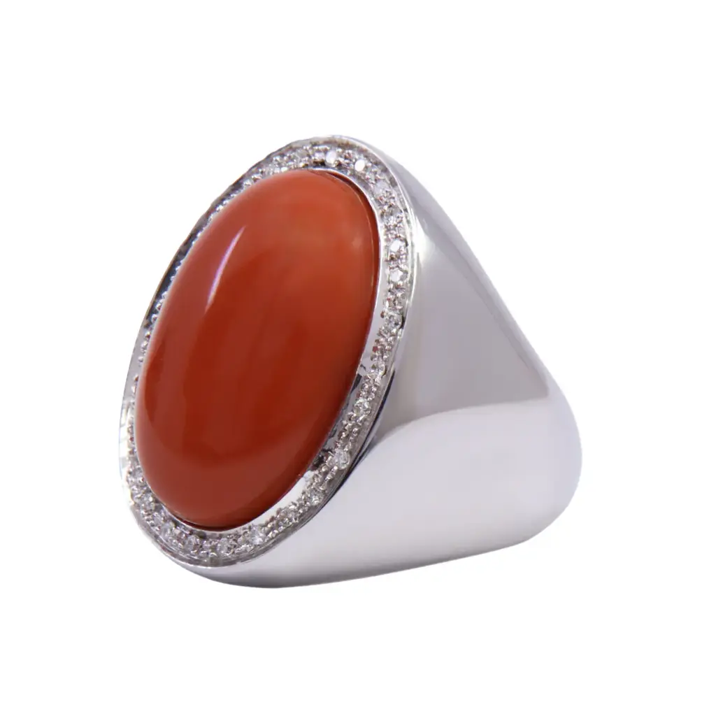  Anello corallo - Brillanti, oro bianco 18kt, peso totale 25,00 gr