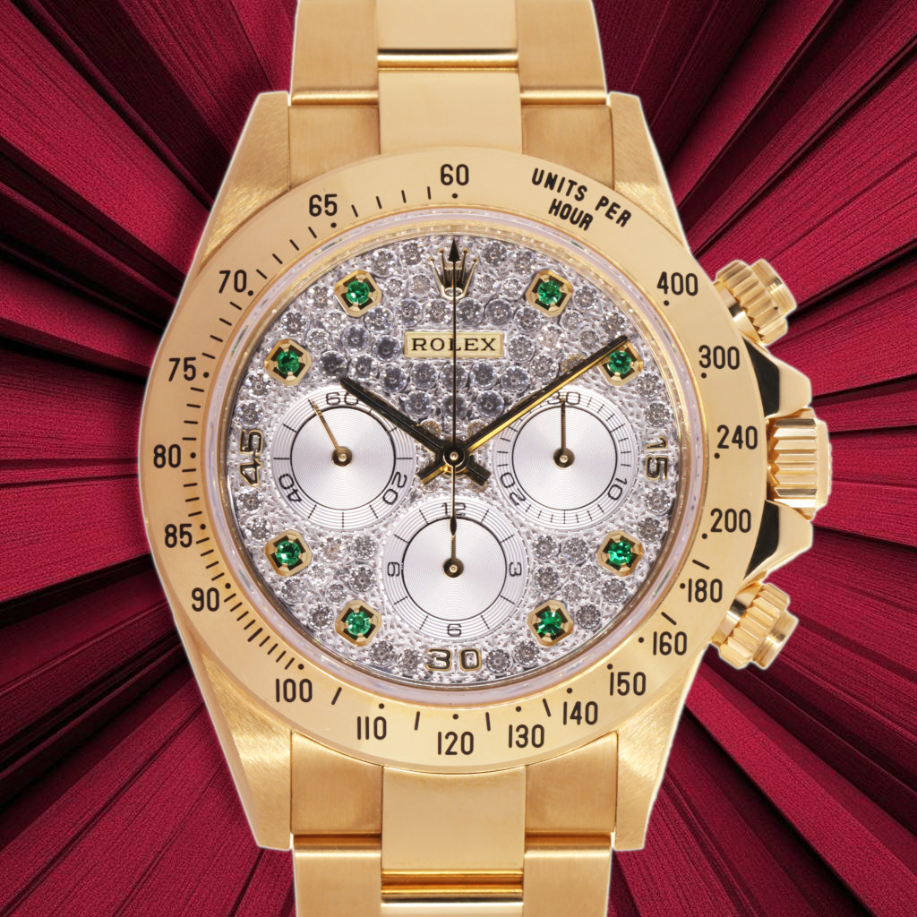 Rolex Daytona ref:16528 - 18kt Yellow, Full Pavè XL 8 emerald (Rolex), Rolex Box & Papers (1997), Official Service exp. 01/2026