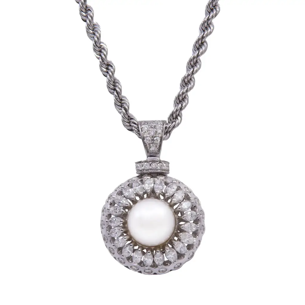 Collana torchon -  Perla e diamanti taglio marquise  2,00ct G-VS1 peso totale 17,4 gr
