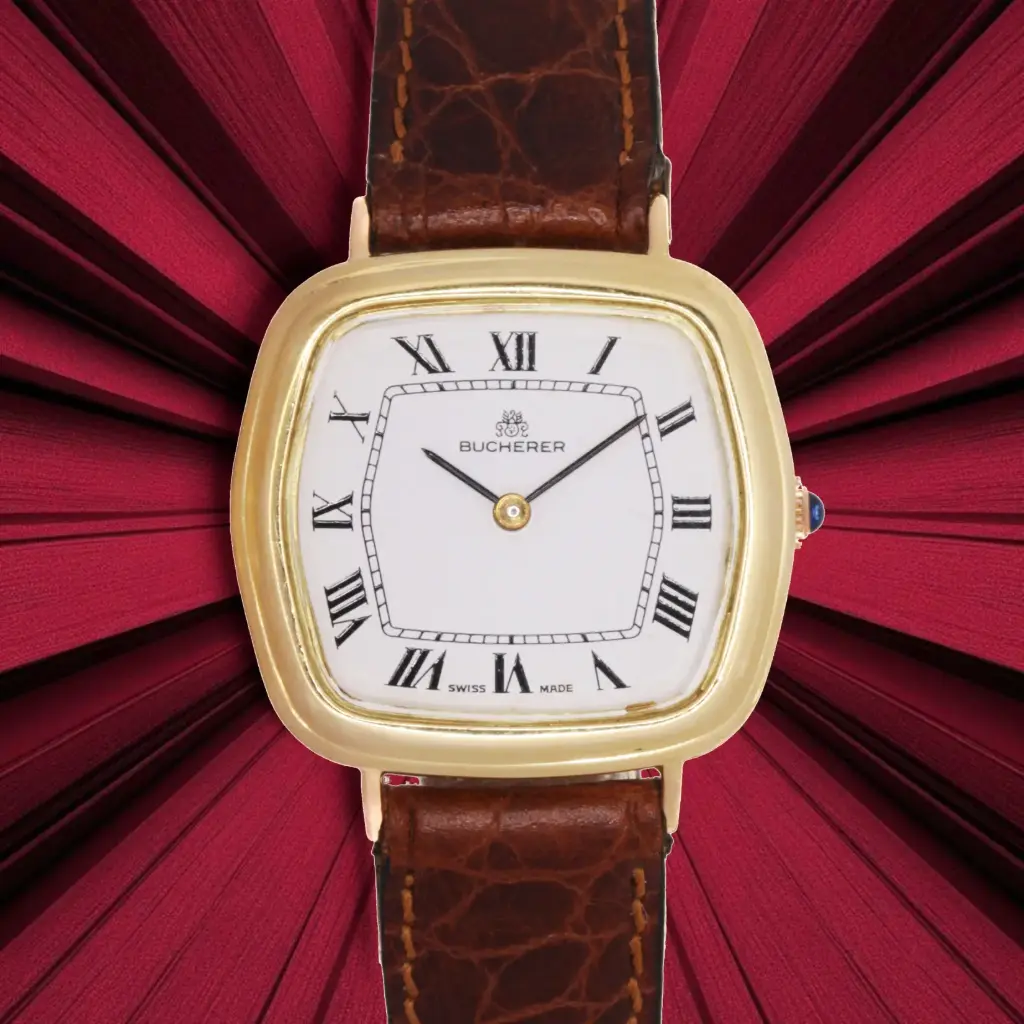 Bucherer Hexagonal 18kt yellow gold- approx 1980 - our box and papers - our two-year warranty