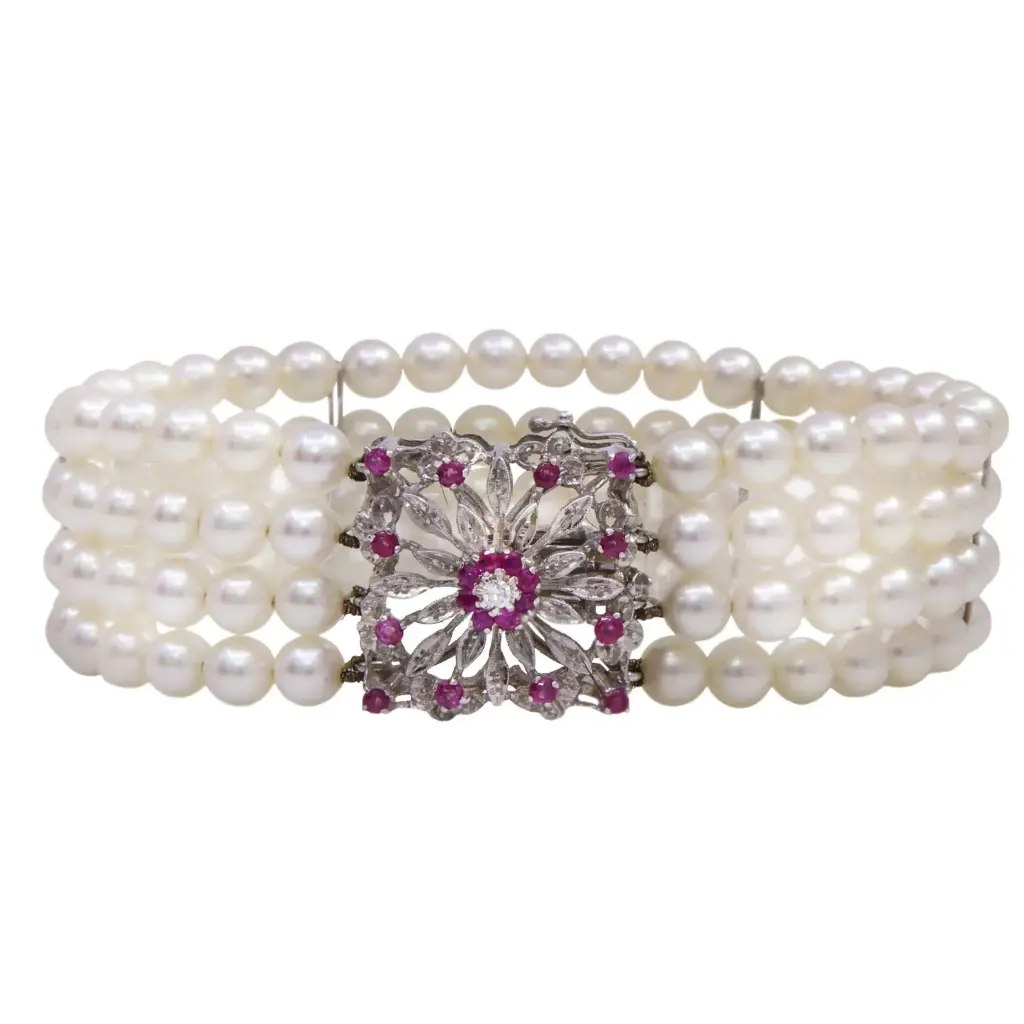 Bracciale con perle giapponesi - Susta in oro 18kt con brillanti e zaffiri rosa, peso totale 44.2gr.
