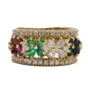 Anello fascia -  Brillanti, smeraldi, rubini e zaffiri. Oro 18kt. peso totale 12,10gr