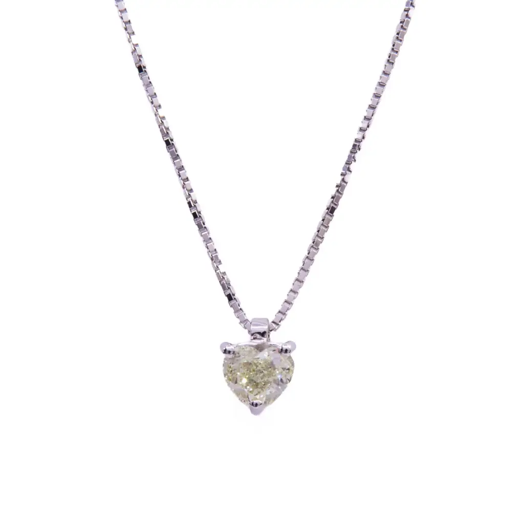 Collana punto luce cuore - Brillante 0,0,84ct, Light yellow purezza SI2, oro 18kt,certificato IGI 