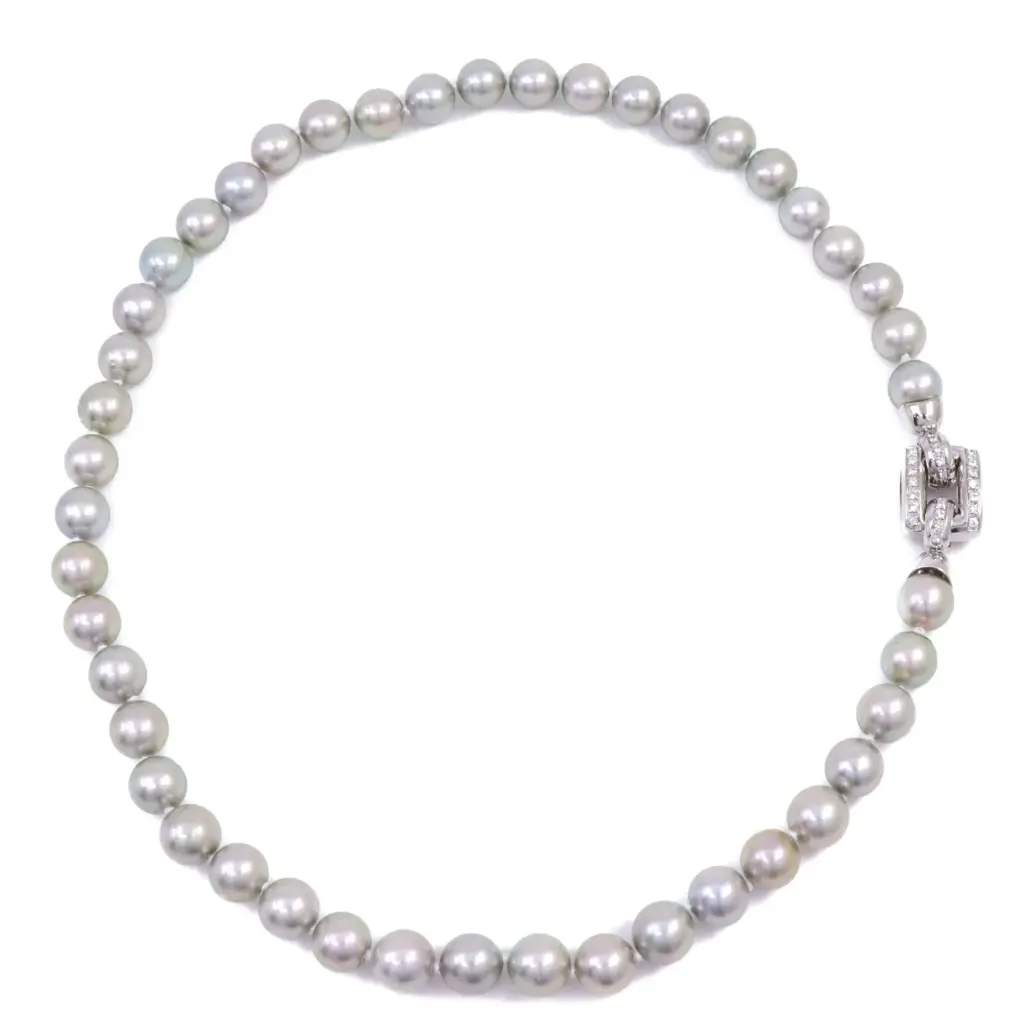 Collana perle grigie - Brillanti 0,40ct. susta in oro 18kt di 8,20gr