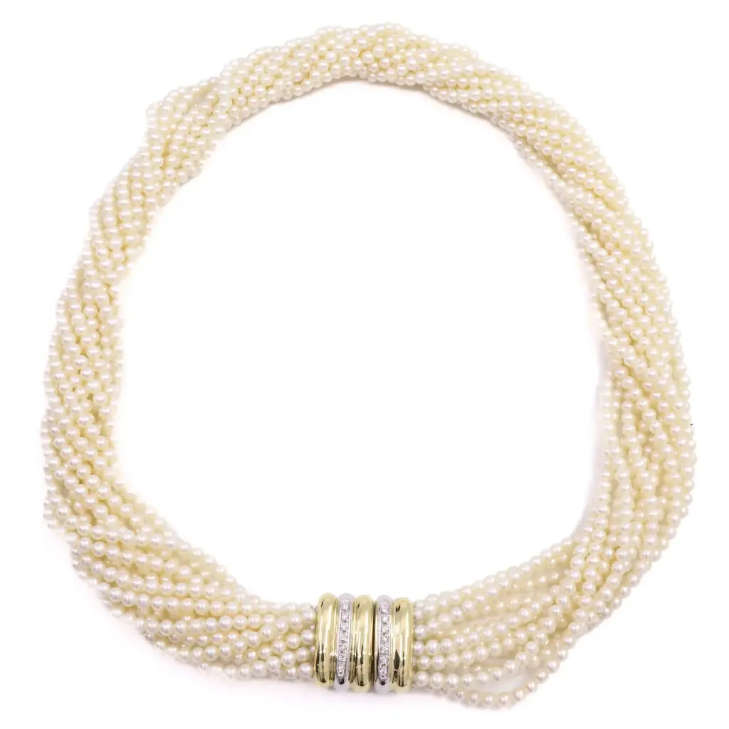 Collana di perle torcion - Brillanti 0,15ct. susta in oro 18kt di 16,80 gr