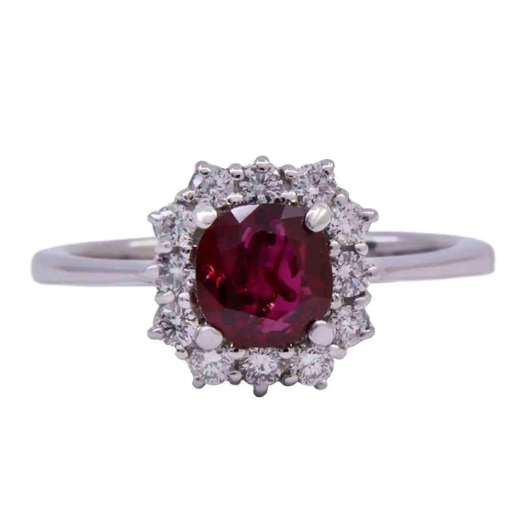 Anello - Rubino 1,38ct. brillanti 0,50ct. G-VS1 in oro 18kt.