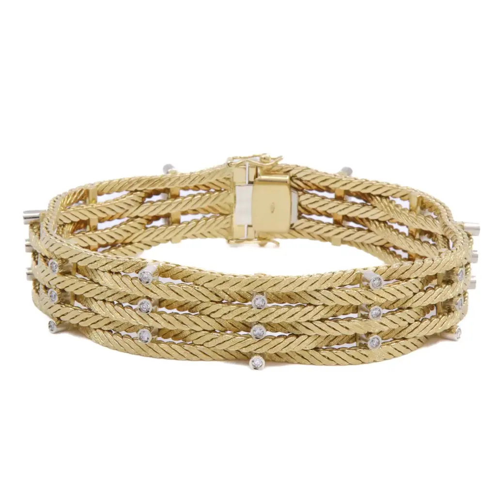 Bracciale rigido intrecciato - Oro18kt. di gr. 60,20 con brillanti