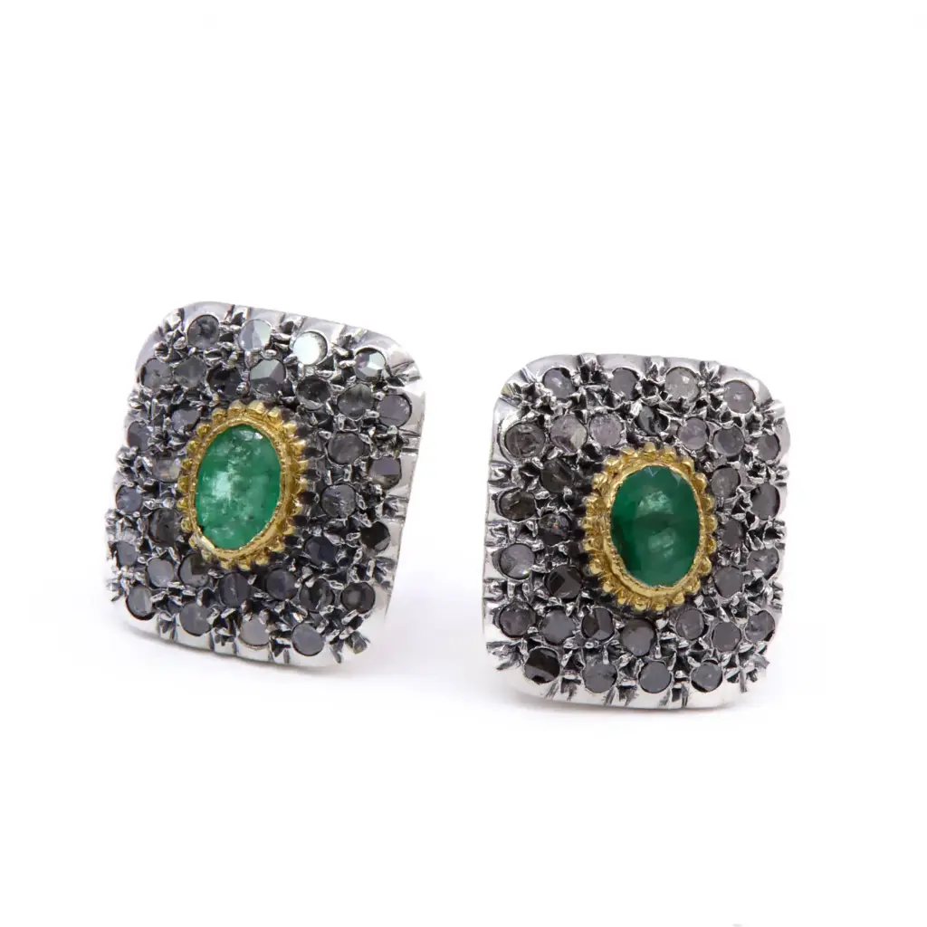 Orecchini stile antico - Argento 925 e oro giallo 12kt con diamanti taglio antico e pietra verde