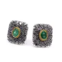 Orecchini stile antico - Argento 925 e oro giallo 12kt con diamanti taglio antico e pietra verde