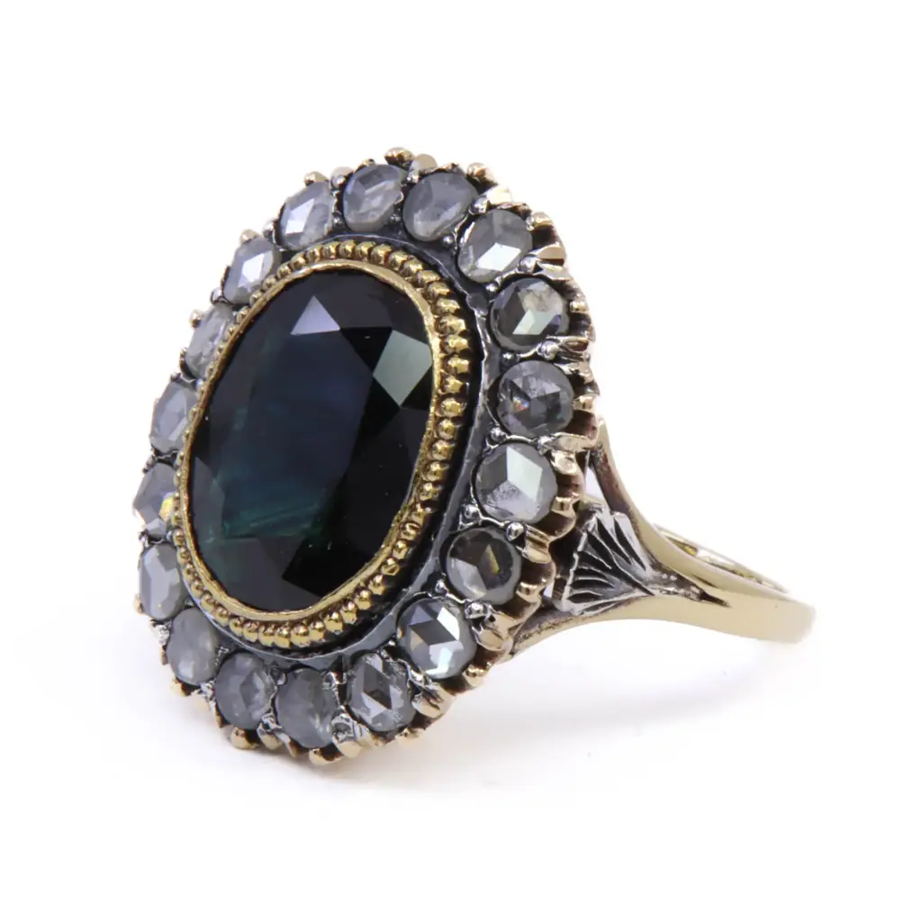 Anello stile antico - Oro 14kt con diamanti taglio antico e zaffiro australia