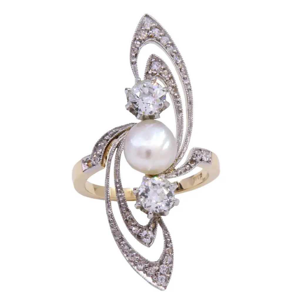 Anello - Brillanti taglio antico, perle, oro 18kt. e argento peso totale 8,9gr.