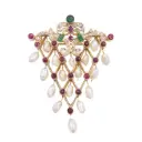 Spilla - Smeraldi, rubini e brillanti taglio antico, oro 14kt. peso totale 20,60gr