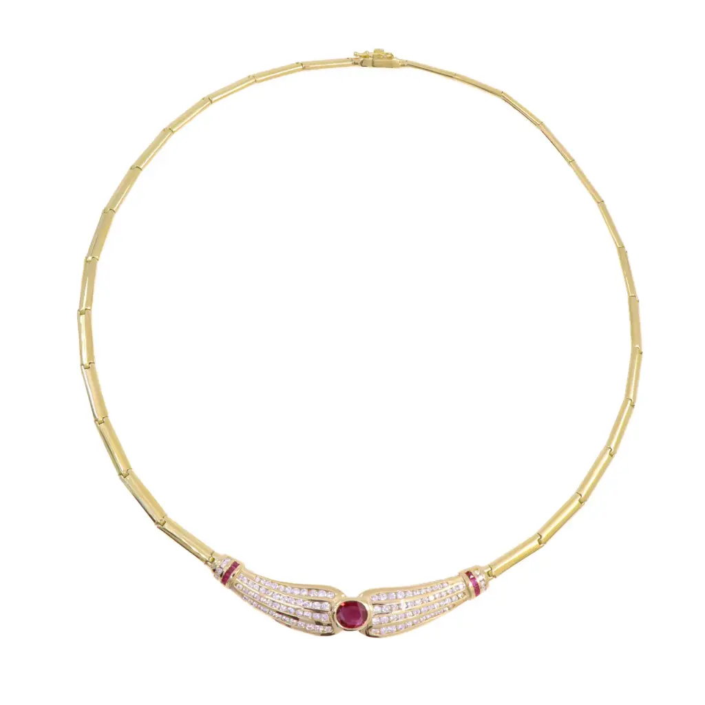 Girocollo: Brillanti 2,00ct. H-VS, Rubini 1,00ct.  peso totale 32,60gr. oro 18kt.