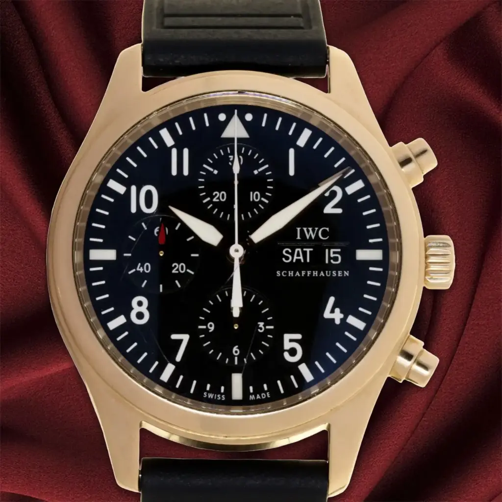 IWC  Fliegeruhr, 18 kt Yellow Gold, Chronograph, Box & Papers - 2012 - Black Dial - Two IWC strap Black Leather and Blu Caucciù strap - our two-year warranty