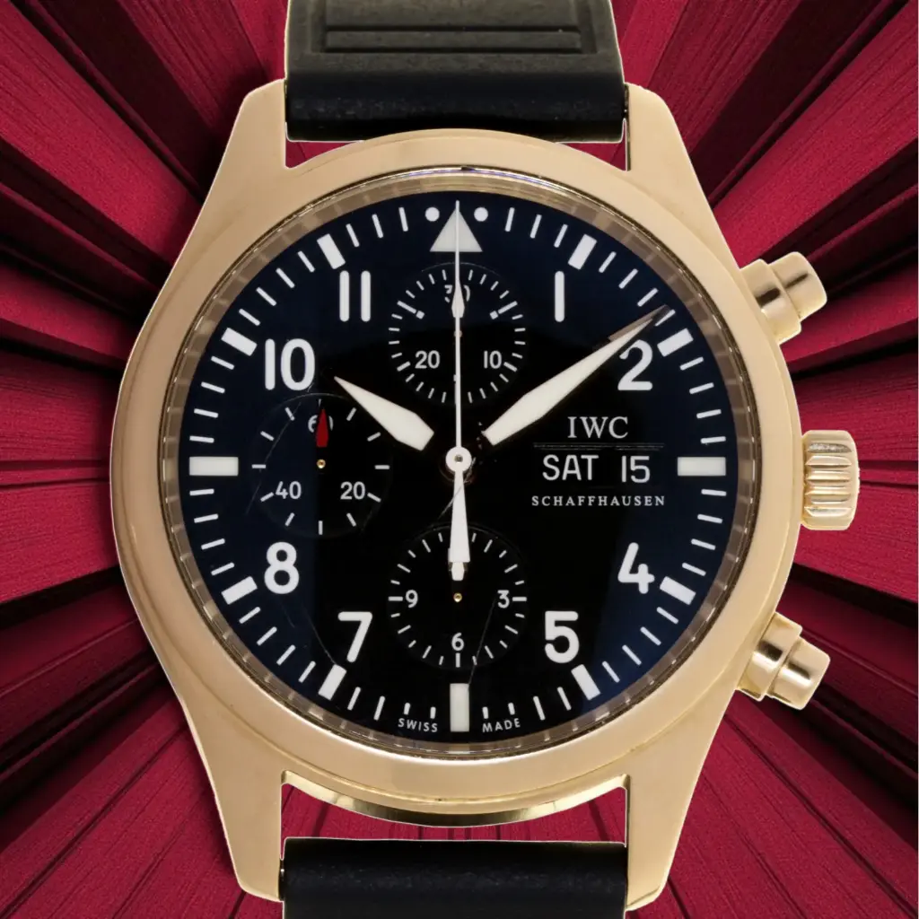 IWC  Fliegeruhr, 18 kt Yellow Gold, Chronograph, Box & Papers - 2012 - Black Dial - Two IWC strap Black Leather and Blu Caucciù strap