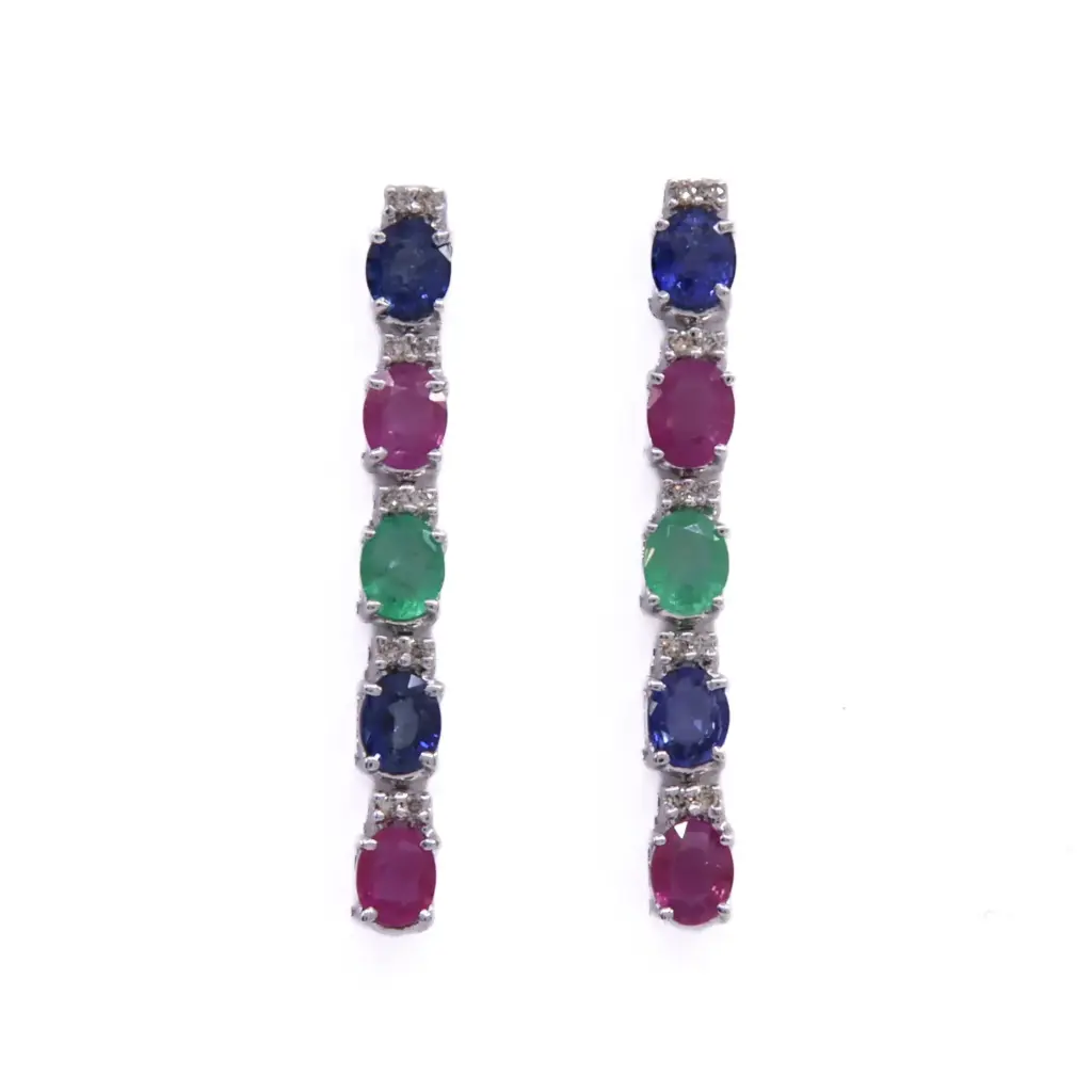 Orecchini - Zaffiro, rubino e smeraldo. brillanti 0,20ct. G-VS1 in oro 18kt. 4,70gr