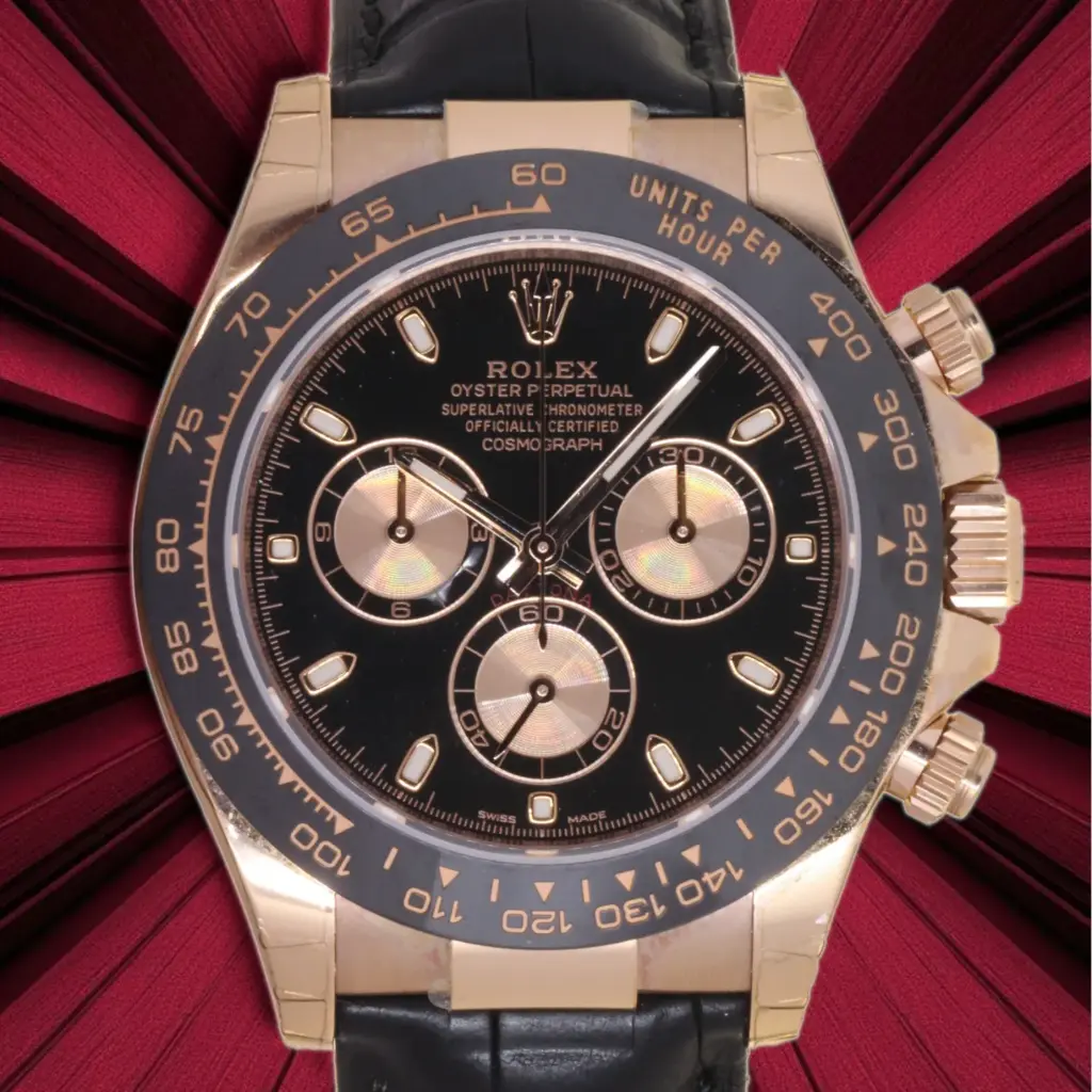 Rolex Daytona 116515LN - Black Dial with Pink Gold Subdials - Leather Strap - Full Set - 2018 - Original factory stickers