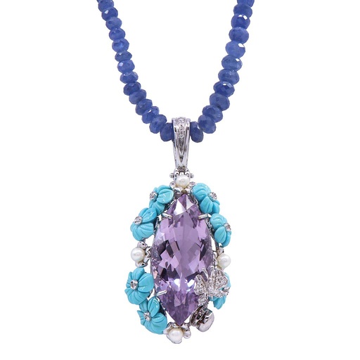 [MT32511877] Collana in radice di zaffiro con pendente con ametista: oro bianco 18kt, turchese, perle e brillanti