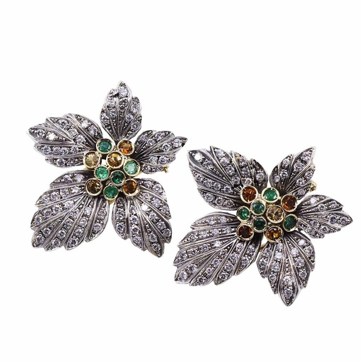 [MT32506522] Orecchini fiore stile antico - Argento e oro 14kt. con brillanti, peso totale 25,8 gr
