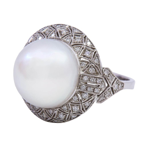 [MTR20220004443] Anello perla stile decò - Brillanti 0,4ct. G-VS in oro 18kt.