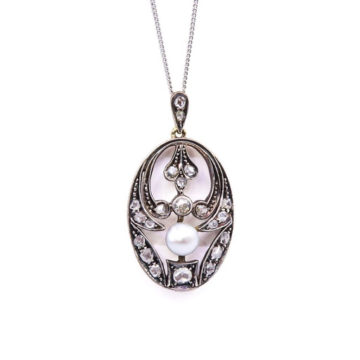 [MTR20210003985] Collana - Perla, brillanti taglio antico, oro 18kt.