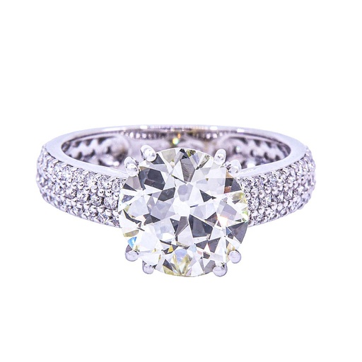 [MTR20240001840] Anello solitario - Diamante Old European Cut 3,08ct. N-VVS2, oro bianco 18kt. e pavé di brillanti 0,80ct.