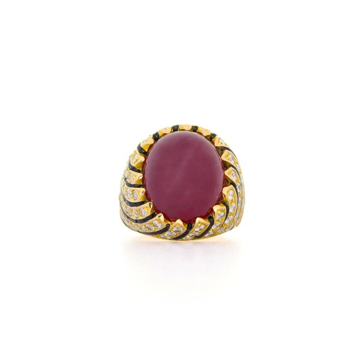 [MTR20230003126] Anello - Brillanti 0,84ct. H-VS1, oro giallo 18 Kt. con pietra rossa