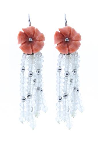 [MTR20220005509] Orecchini - Brillanti, corallo e pietra di luna, oro 18kt