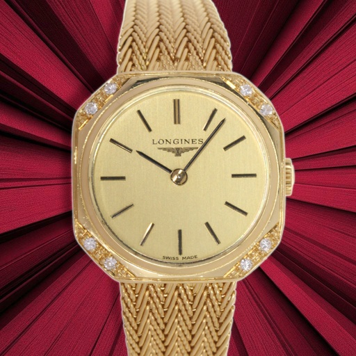 [MT32503855] Longines Lady Octagon Diamonds, 18kt Yellow Gold, Factory Bracelet (16 cm), Total Weight 34g, Our Box & Papers