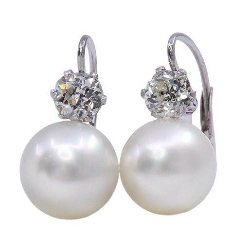 [MT32522839] Orecchini con perle giapponesi - Brillanti 1,00ct. taglio antico, oro 18kt. peso totale7gr