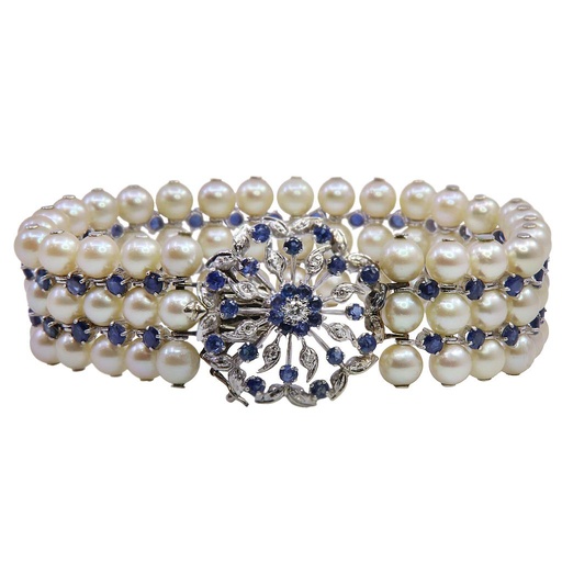 [MT32516637] Bracciale con perle -  Susta in oro 18kt con brillanti e zaffiri blu, peso totale 50,9gr.