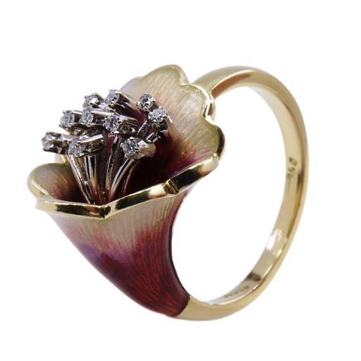 [MT32520998] Anello giglio - Diamanti single cut, oro 18kt smaltato, peso totale 13,2 gr