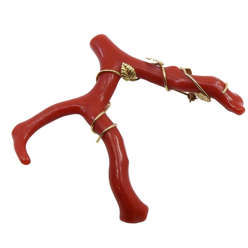 [MT32517806] Spilla/ciondolo corallo con foglie - Oro 18kt, peso totale 10,2gr