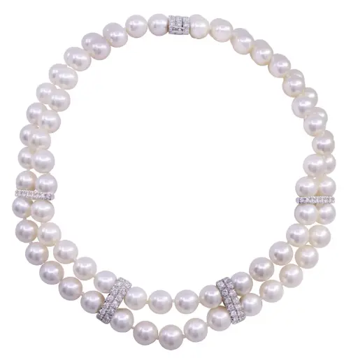 [MT32528789] Collana perle giapponesi - Brillanti 1,00ct. F-G-VS susta e connettori in oro 18kt