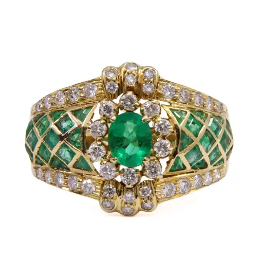 [MT32529678] Anello - Smeraldo 0,50ct. + 0,70ct. brillanti 0,50ct. H-VS, oro 18kt.