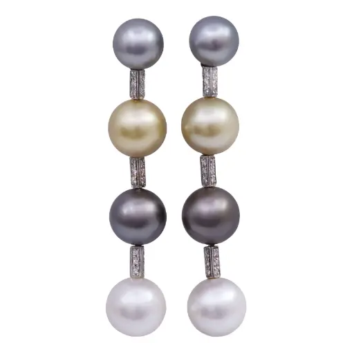 [MT32605349] Orecchini - 4 perle  naturali e brillanti, oro 18kt 