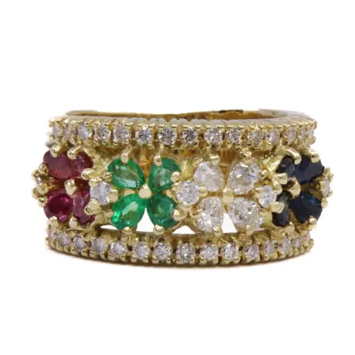[MT32615317] Anello fascia -  Brillanti, smeraldi, rubini e zaffiri. Oro 18kt. peso totale 12,10gr